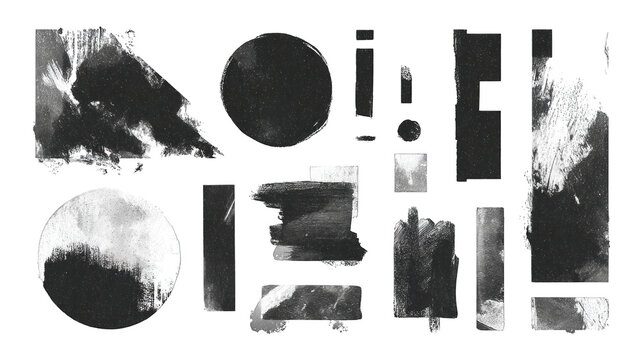 A collection of abstract shapes and textures, featuring various geometric forms with a monochrome palette.