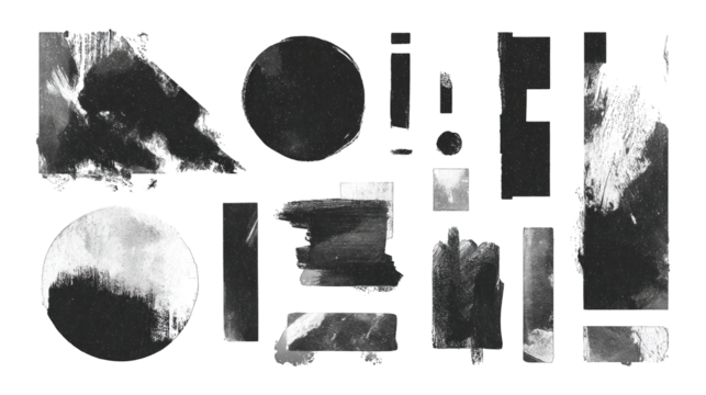 A collection of abstract shapes and textures, featuring various geometric forms with a monochrome palette.