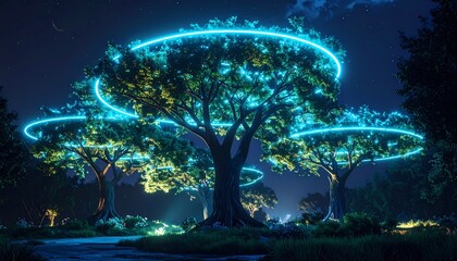 Fototapeta premium Enchanting Night Scene with Glowing Trees and Neon Light Rings.