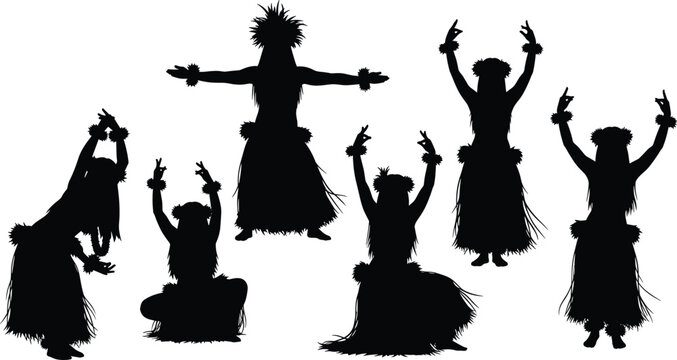 Set of black silhouettes of Hawaiian hula dancers performing traditional dances, women in grass skirts isolated on white background for luau party design.