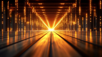 Fototapeta premium Futuristic tunnel with glowing orange lights, metallic floor, and dramatic perspective