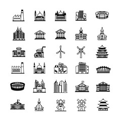 Minimalist Building line icons set with editable stroke, featuring factory, mosque, apartment, stadium, skyscrapers, museum, school, university, church, mill, wind, pagoda,