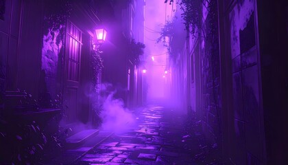 Obraz premium Mysterious Purple Fog Illuminates a Dark Wet Alleyway at Night.