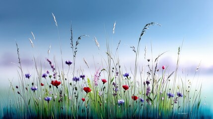 A close-up view of a field filled with various wildflowers and tall grasses, set against a blurred background of a soft blue sky.