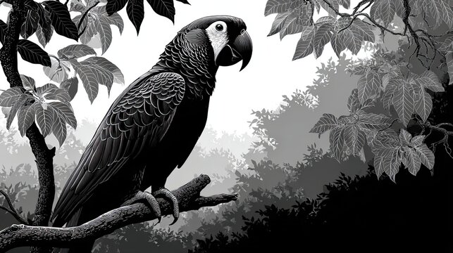 Silhouette of parrot sitting on tropical branch with leaves, exotic vector ideal for travel, summer, and tropical wildlife themes.