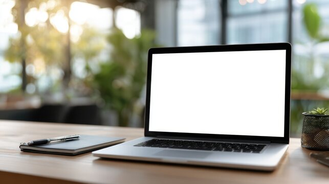 A laptop is open on a table with a pen and notebook. The scene suggests a workspace or study area where someone might be working or taking notes