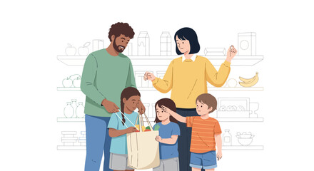 Diverse family shopping for groceries together in a bright modern store aisle promoting healthy eating and family bonding