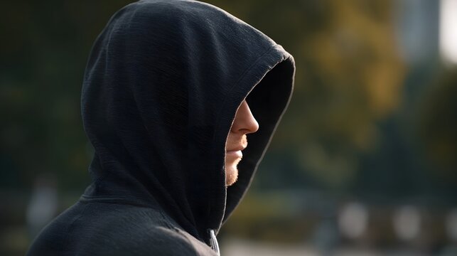 Close up side profile of a man in a dark hooded sweatshirt his expression introspective against a blurred outdoor backdrop