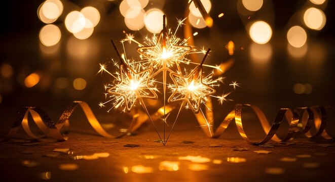 Golden star shaped sparklers with ribbons on table for festive celebration