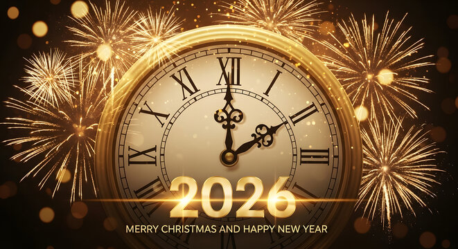 Golden antique clock face showing midnight with sparkling fireworks celebrating the arrival of the new year 2026