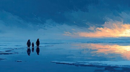 Silhouette of penguin family on ice, minimalist arctic wildlife concept ideal for cold environment, family, and nature visuals.