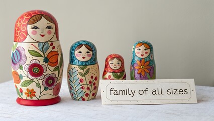 Painted nesting dolls displayed together as a family of all size