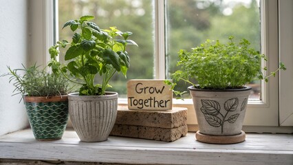 Potted herbs growing on a bright sunny windowsill with grow together word