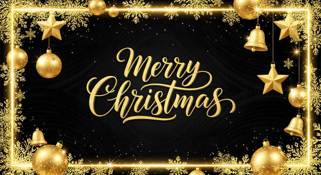 Elegant merry christmas greeting with golden ornaments stars and bells on a black background