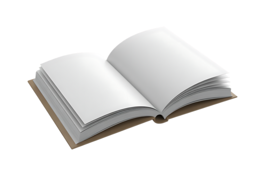 Open Blank Book with Brown Cover and White Pages Isolated on Transparent Background