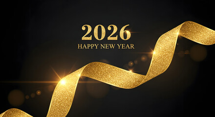 Elegant golden ribbon and sparkling lights celebrating the arrival of the new year 2026