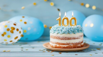 A festive scene showcases a beautifully decorated cake topped with the number 100. Blue balloons and golden confetti surround the cake highlighting the celebration atmosphere.