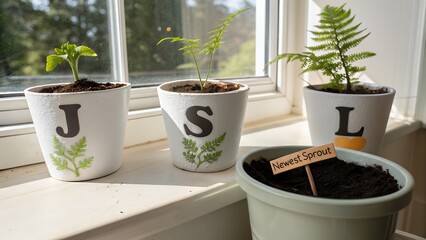 Small potted plants with letter J S L and newest sprout growing on a sunny window sill