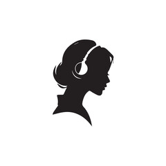 Black Vector Illustration of Woman Wearing Headphone in Clean Minimal Style on White Background