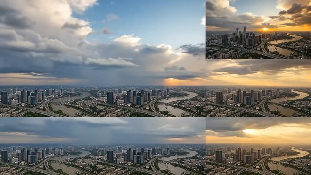Time-lapse of a city skyline with a river, showcasing changing weather from rain to sunset, with reflections.