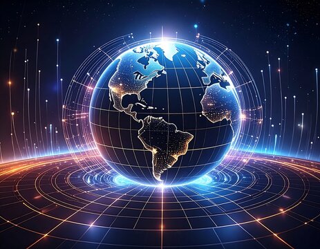 Glowing globe surrounded by digital network lines. Digital world