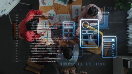 A diverse team collaborates in a modern office setting, analyzing charts and ideas against a digital backdrop of program code, symbolizing innovation and teamwork. Raster