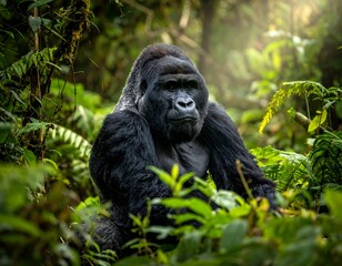 Obraz premium A majestic gorilla rests within a vibrant green jungle setting
