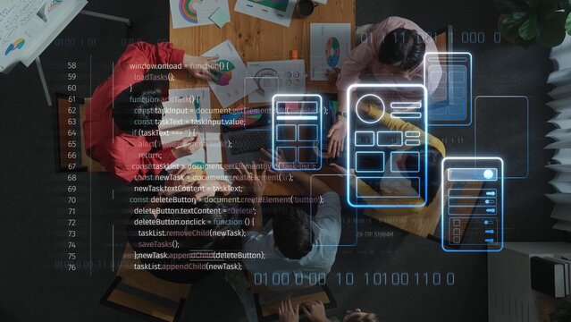 A diverse team collaborates in a modern office setting, analyzing charts and ideas against a digital backdrop of program code, symbolizing innovation and teamwork. Raster