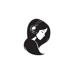 Black Vector Illustration of Woman Wearing Headphone in Clean Minimal Style on White Background