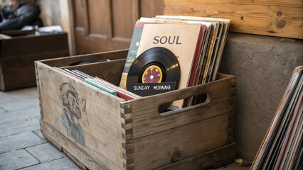 Wooden crate filled with vintage soul vinyl records