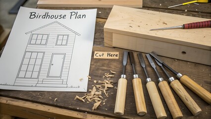 Woodworking tools and birdhouse plan on a wooden workbench