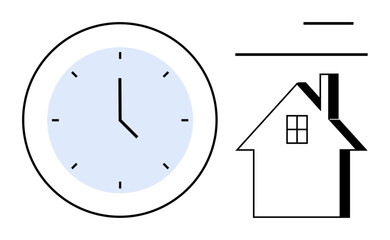 Analog clock and house silhouette emphasizing timing, productivity, and work-life balance. Ideal for schedules, routines, remote work, time management, home office, planning simple flat metaphor