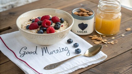 Good Morning sign under A delicious bowl of oatmeal with fresh berries and almonds for breakfast