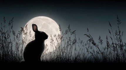 Silhouette of rabbit sitting near moon and grass, calm night vector perfect for fairytale, nature, or Easter themes.