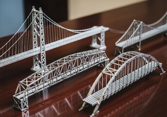Four intricate miniature bridge models, showcasing different architectural designs, displayed on a polished wooden surface.