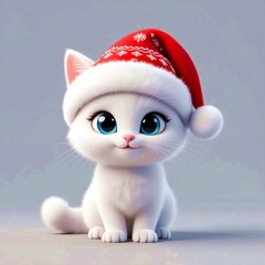 Cute White Christmas Cat in Red Hat