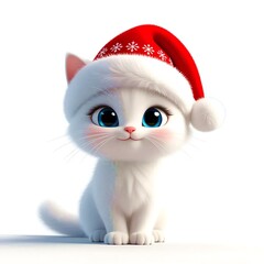Cute White Christmas Cat in Red Hat