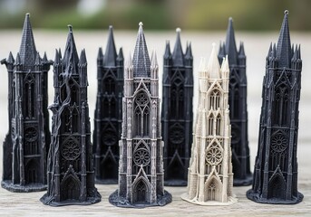 A collection of miniature gothic cathedral spires and towers, mostly dark grey with one light-colored model, showcasing intricate architectural details.
