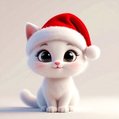 Cute White Christmas Cat in Red Hat