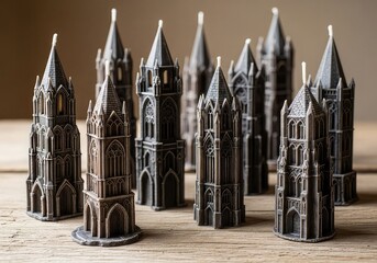 A collection of dark, intricately detailed gothic tower-shaped candles or decorative objects arranged on a wooden surface.