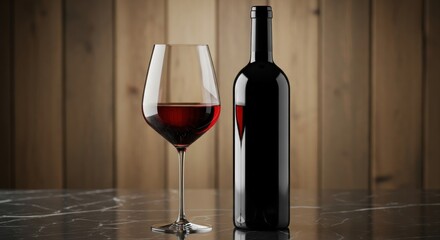 Red Wine Bottle and Glass on Marble Table