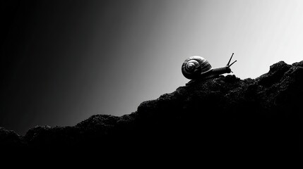 Silhouette of snail crawling on rock, slow life and patience theme, simple minimal vector perfect for calm lifestyle visuals.