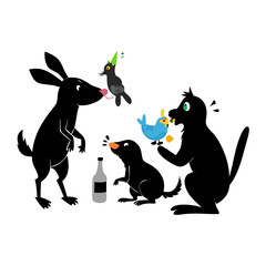 Animal silhouettes, drinking bottles, cartoon pets, dog rabbit cat mouse bird, black vector, whimsical style, editable illustration, funny creatures, minimal design See Less