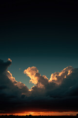 Rim-lit towering cloud pillars on either side of a glowing horizon with dark negative space for text