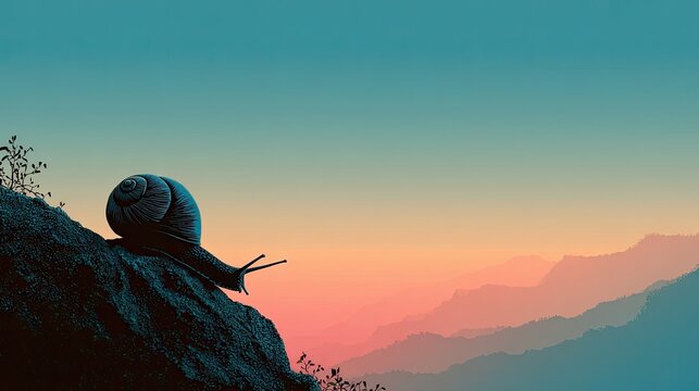 Silhouette of snail crawling on rock, slow life and patience theme, simple minimal vector perfect for calm lifestyle visuals.