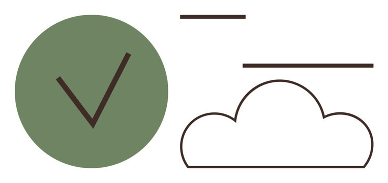 Checkmark in green circle next to outlined cloud with horizontal lines. Ideal for success, task completion, validation, environmental themes, cloud services, minimal design, simple flat metaphor