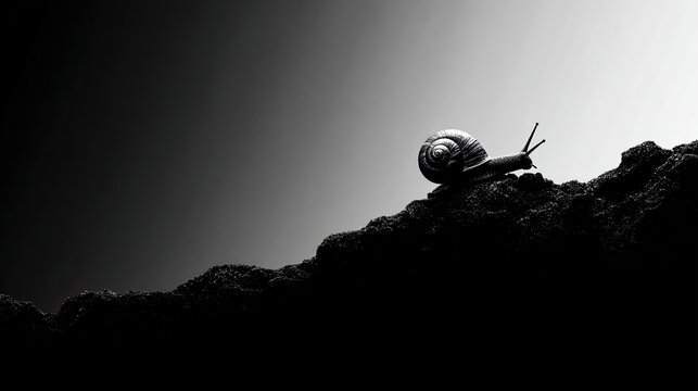 Silhouette of snail crawling on rock, slow life and patience theme, simple minimal vector perfect for calm lifestyle visuals.