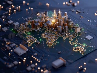 A miniature cityscape resembling the world map is built on a complex circuit board, illuminated by glowing lights.