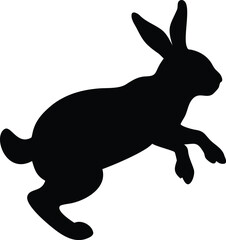 A simple black silhouette of a rabbit in a leaping pose is