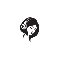Black Vector Illustration of Woman Wearing Headphone in Clean Minimal Style on White Background